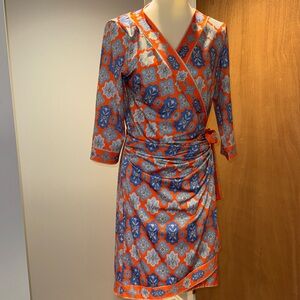 Gretchen Scott Haveli Wrap Orange Blue Wrap Jersey Dress Medium